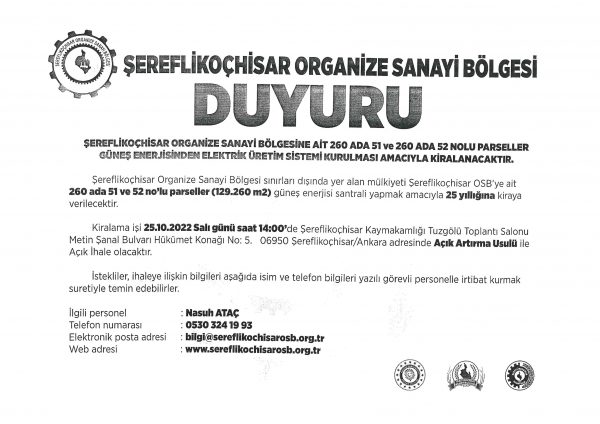 ŞEREFLİKOÇHİSAR ORGANİZE SANAYİ BÖLGESİ DUYURU